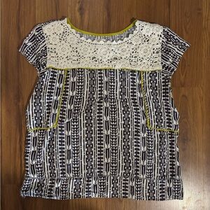Anthropologie Crochet Yoke Short Sleeve Top in Black & White with Yellow Trim